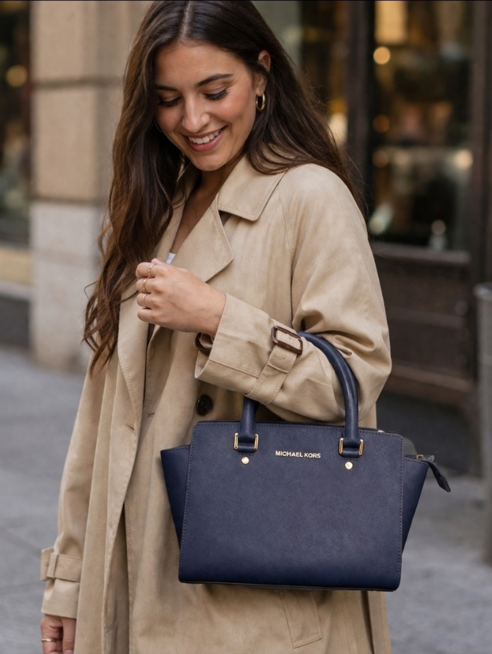 Michael Kors Navy Saffiano Leather Satchel – Gold Hardware, Structured